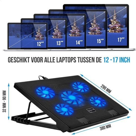 Strex Laptop Kühler Ständer - 5 Lüfter - 3 Kühlmodi - 6 Höhenstufen - Für 10-17 Zoll Laptops - Schwarz