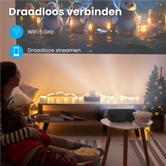 Auronic Beamer 10.000 Lumen – 1080p Full HD – Streaming vom Smartphone – WLAN – Smart-Mini-Projektor – HDMI-Kabel – Fernbedienung – Schwarz