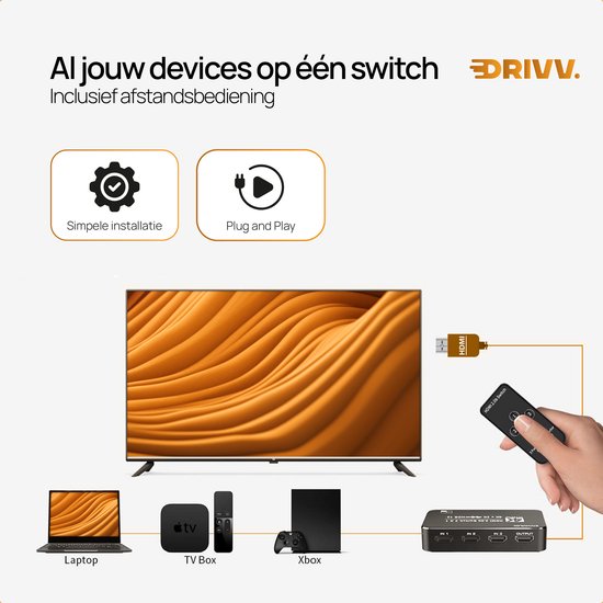 Drivv. HDMI Umschalter 4K 60Hz - 3 Eingänge 1 Ausgang - Inklusive Fernbedienung - Automatische Umschaltung - 780/1080p/4K - Schwarz