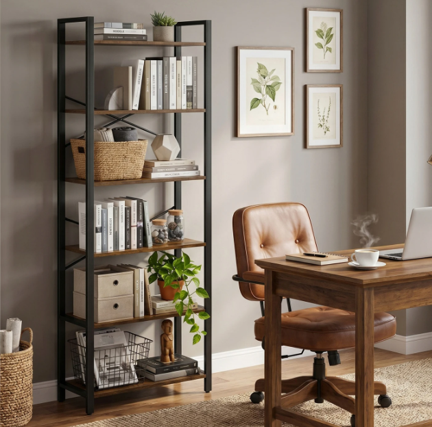 Joyfurnos Bücherregal mit 6 Ebenen – im Industrial-Stil – 30 x 66 x 186 cm – Greige/Schwarz