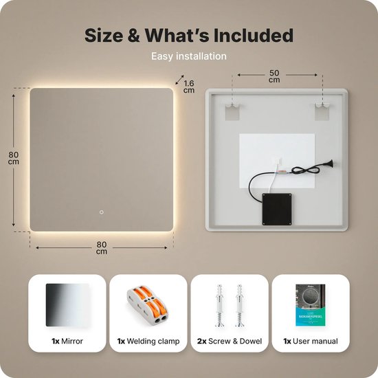 Mirlux Badezimmerspiegel mit LED-Beleuchtung und Heizung – quadratischer Wandspiegel – beschlagfreier Duschspiegel – rahmenlos – 80 x 80 cm