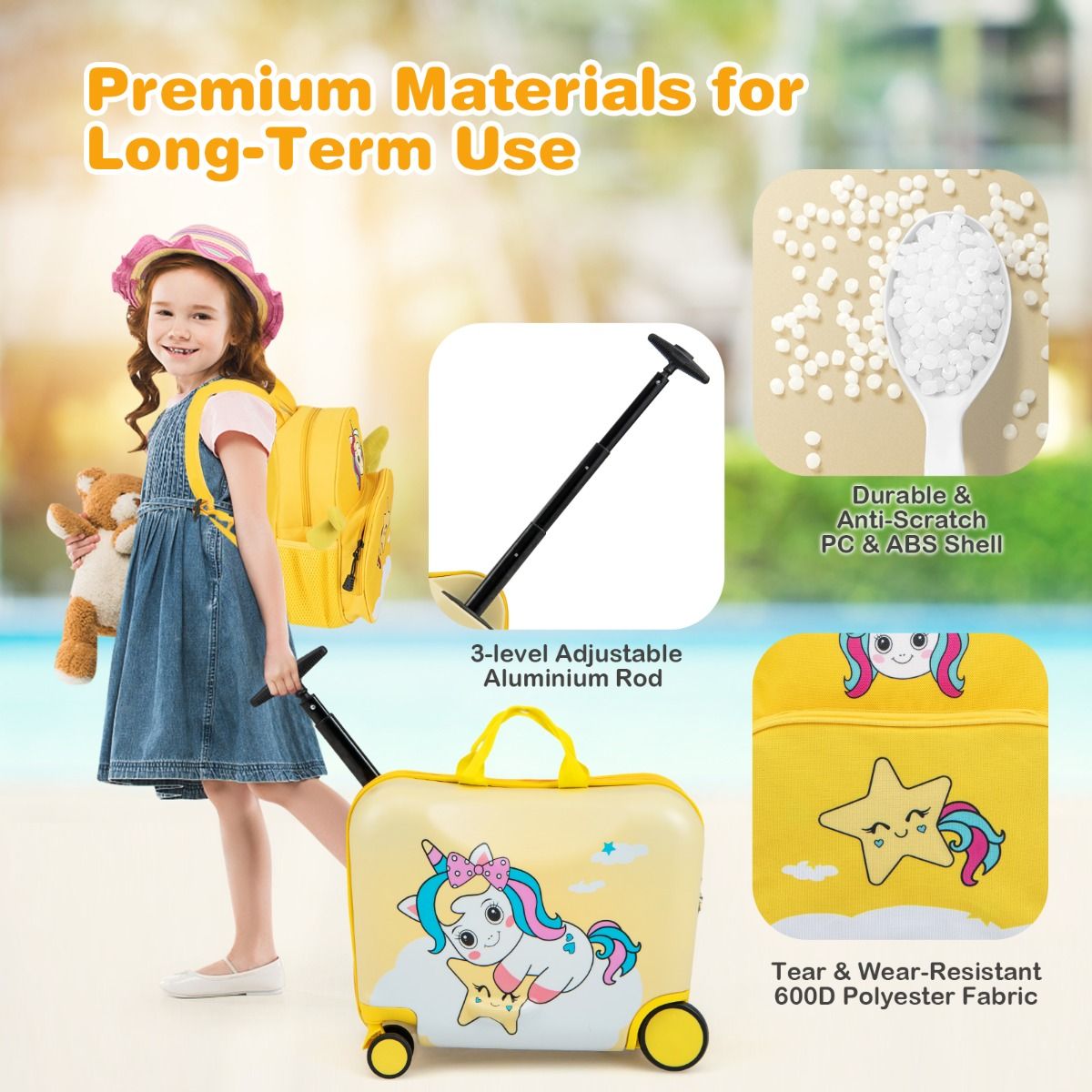 Coast Kinderkoffer- und Rucksack-Set – Ride-on-Koffer mit Rädern – Rucksack mit niedlichem Bienenmotiv – Gelb