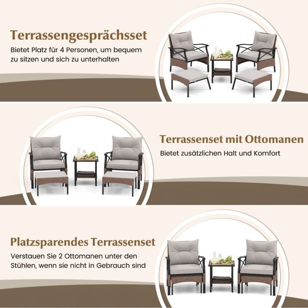 Coast Garden Set 5-tlg. - Polyrattan-Balkonset mit Stühlen, Hockern und Tisch - Braun