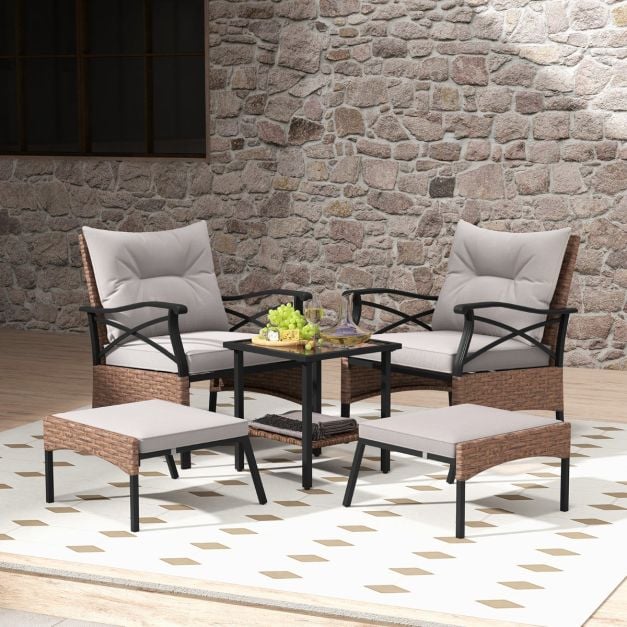Coast Garden Set 5-tlg. - Polyrattan-Balkonset mit Stühlen, Hockern und Tisch - Braun