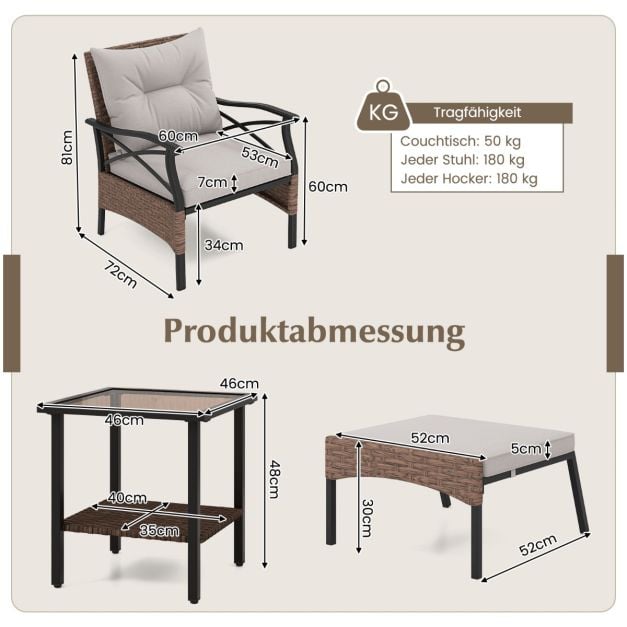Coast Garden Set 5-tlg. - Polyrattan-Balkonset mit Stühlen, Hockern und Tisch - Braun