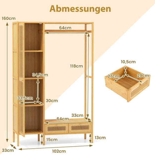 Coast Bamboo Clothes Rack Natural - Garderobenständer mit Garderobe, Kleiderstange und 2 Schubladen - 102 x 33 x 160 cm
