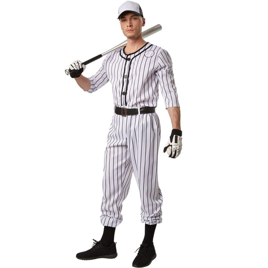 Baseball-Kostüm für Herren - Größe M - schwarz/weiß - bestehend aus Hose, Oberteil, Gürtel und Socken