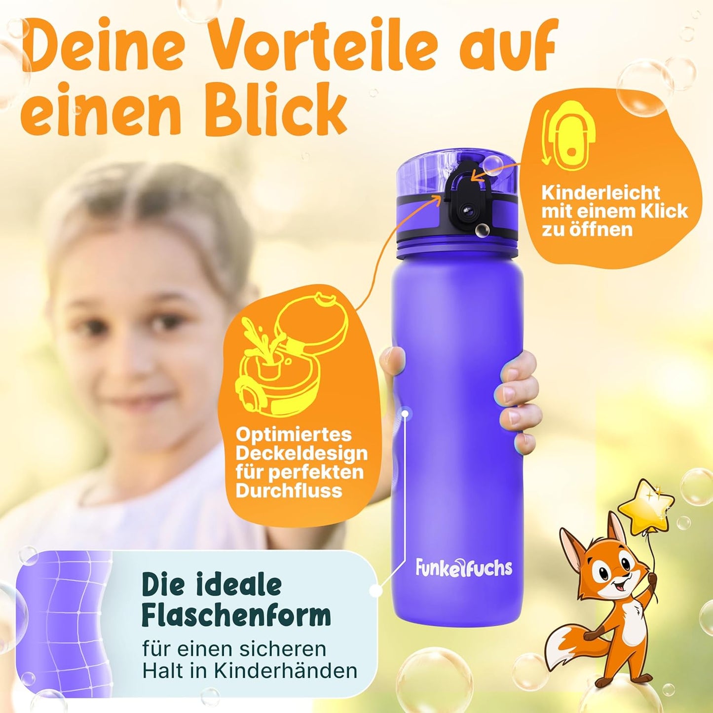 Funkelfuchs® Trinkflasche für Kinder - 500ml, lila - mit Kohlensäure - 100% auslaufsicher - Trinkflasche spülmaschinenfest - für Kindergarten, Einschulung, Schule, Sport