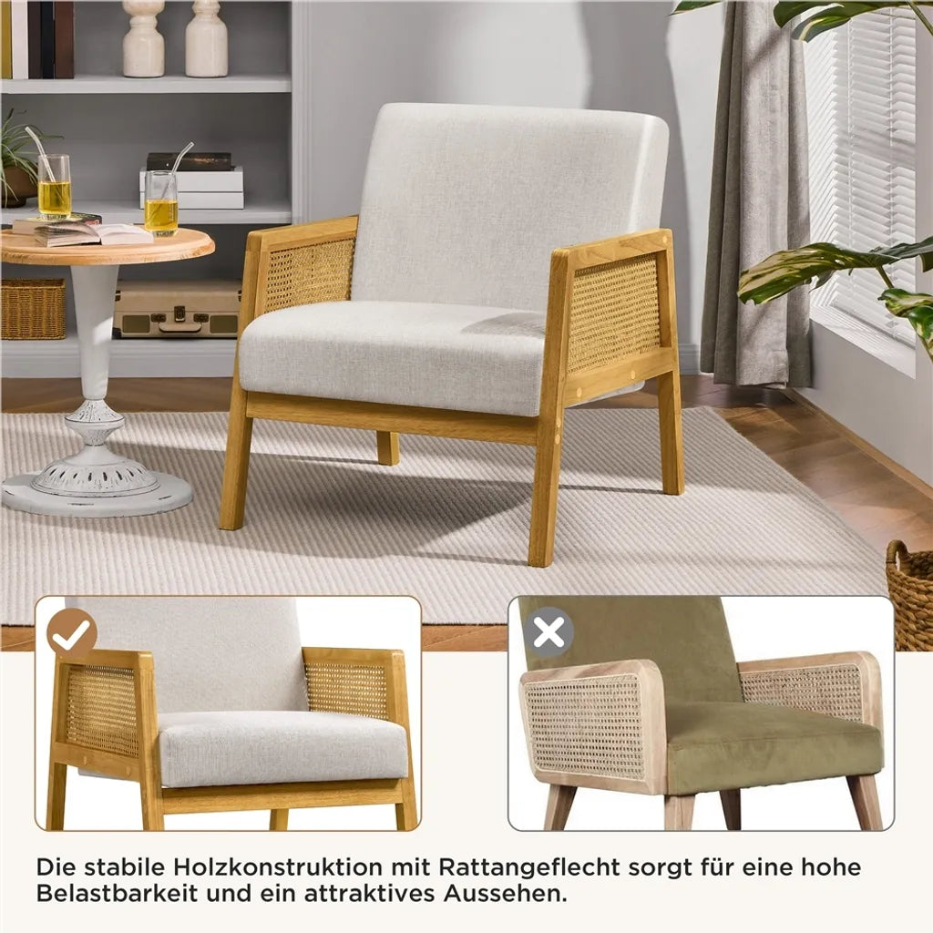 Yaheetech Sessel 65,5 x 71 x 74,5 cm – Beige – Gepolsterter Lounge-Sessel mit Rattan-Armlehnen