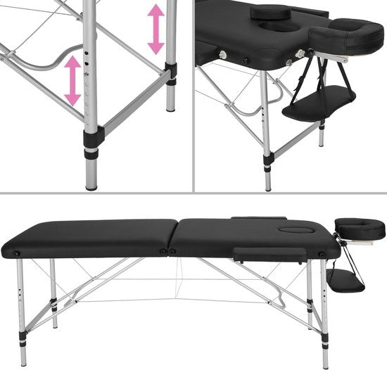 tectake - Aluminium-Massagetisch 2 Zonen, Massagetisch 4cm Matratze, klappbarer Massagetisch, höhenverstellbarer Aluminium-Massagetisch, tragbarer Massagetisch inklusive Zubehör, Aluminium-Kopfstütze, Armlehne und Tragetasche - schwarz