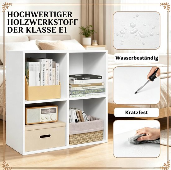 FloraGrace Bücherregal – Offenes Regal mit 4 Fächern – 59,6 x 59,8 x 29,5 cm – Holz – Weiß – Standregal für Wohnzimmer oder Büro