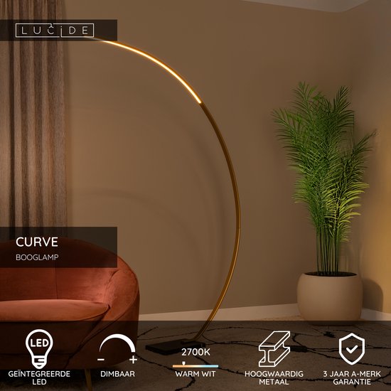 Lucide CURVE – Bogenlampe – LED, dimmbar – 1x15 W, 2700 K – Mattgold / Messing