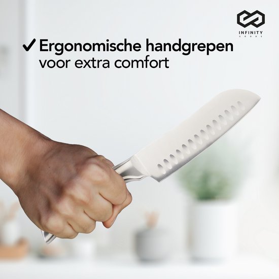 Infinity Goods - Messerset mit Messerblock - 16 Teile - mit Block, Messerschärfer und Schere - kratzfest - Edelstahl - Silber/Schwarz