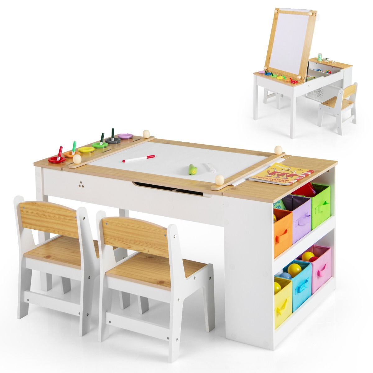 Coast Kinder-Mal- und Zeichenpult-Set – 2-in-1-Multifunktionsdesign – mit 2 Stühlen – weiß und naturfarben