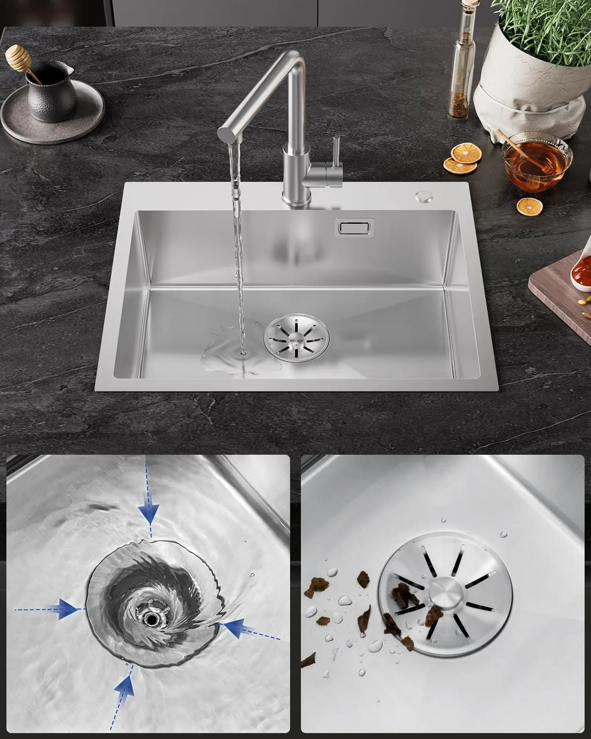 Sofetiy Spülbecken aus Edelstahl 60 x 48 cm – Einzelbecken mit Siphon – Geräuschdämpfend und extra dick (3 mm) – Gebürsteter Edelstahl