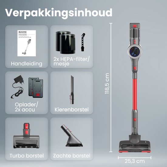 Auronic Stick Staubsauger - Kabellos - Standstaubsauger - Ohne Beutel - 350W - Extra Akku - Staubsauger - Grau/Rot