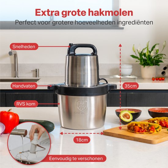AoraKitchen - Zerkleinerer - Elektrisch - 5 Liter - 2000W - 4 Edelstahl-Messer