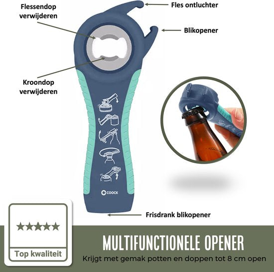COOCK - Allzwecköffner - 7-in-1 Topföffner - Küchenhelfer - Flaschenöffner - Bieröffner - XL-Deckelöffner für Gläser - Glasöffner - Hilfsmittel für ältere Menschen - Blau