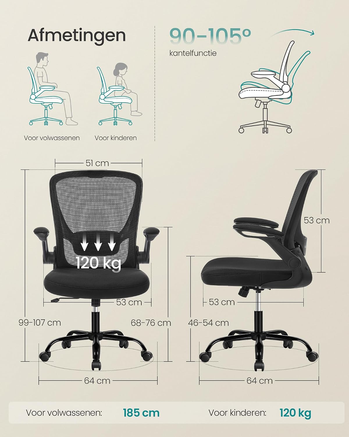 Songmics ergonomischer Bürostuhl OBN37BK – Klappbare Armlehnen – Schwarz