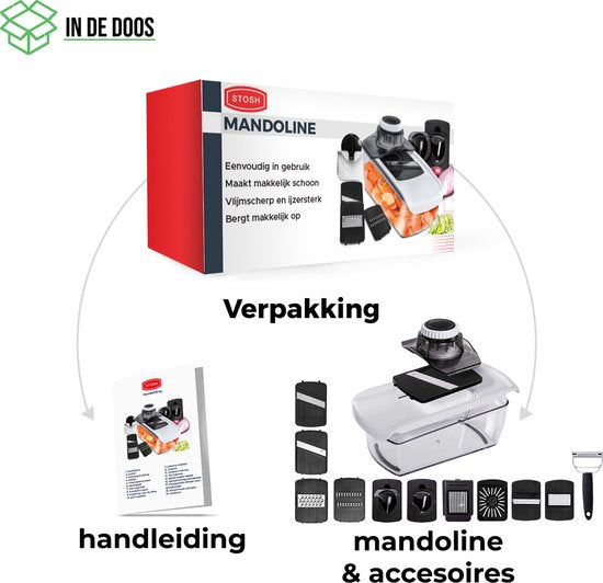 Stosh Mandoline - Gemüseschneider - Zwiebelschneider - Spiralschneider - Reibe - Kunststoff - 11 Stück - BPA frei