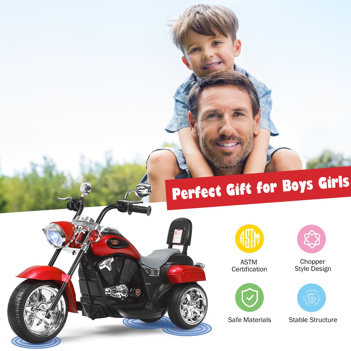 Coast Elektrisches Kindermotorrad – Dreirad mit verstellbarem Scheinwerfer und Hupe – Rot und Schwarz