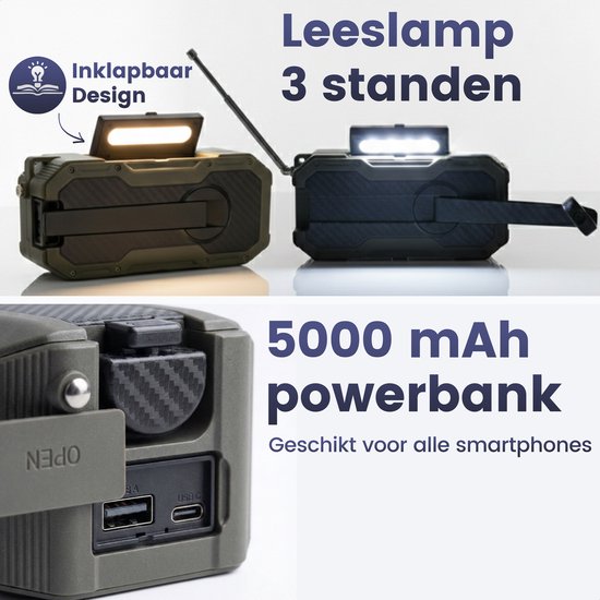 Solarbetriebenes Notradio mit Handaufzug – DAB+ / FM-Notradio – 5000 mAh Powerbank mit Solarenergie – Baustellenradio – Badezimmerradio – Notfallpaket