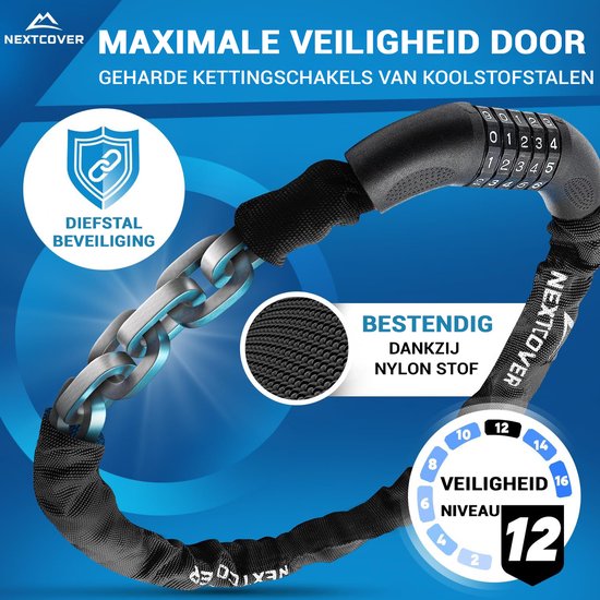 NEXTCOVER® Digit Lock Fahrradschloss - Das Original - [SAFESECURE] Hohe Sicherheit - Fahrradschlösser mit 5-stelligem Zahlencode, Zahlenschloss Fahrradstahl - Fahrradschloss perfekt für E-Bike - Kettenschloss Schwarz