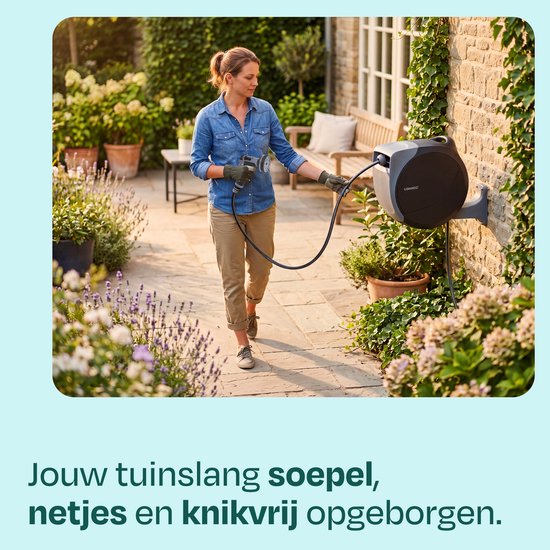 VONROC Automatische Schlauchtrommel – Wandschlauchbox – inkl. 30 m Premium-Gartenschlauch, Spritzpistole mit 8 Sprühstufen und Anschlüssen – schwarz/grau