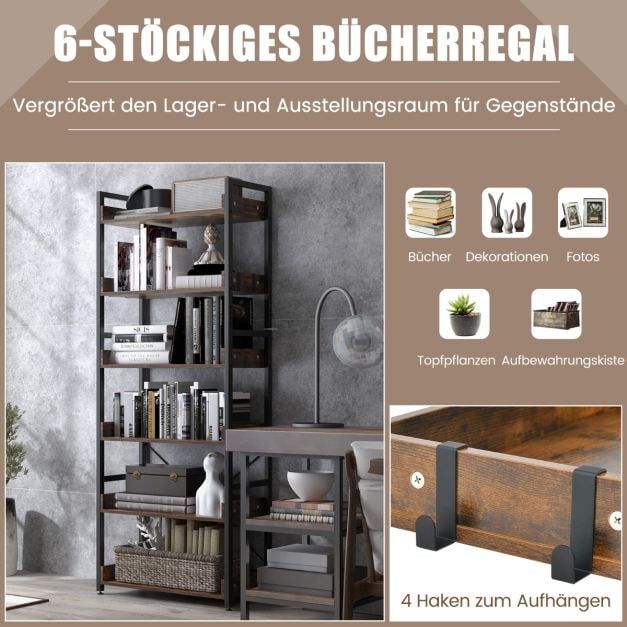 Coast Industrielles Bücherregal mit 6 Einlegeböden und 4 Haken – 69 x 34 x 177 cm – Braun und Schwarz