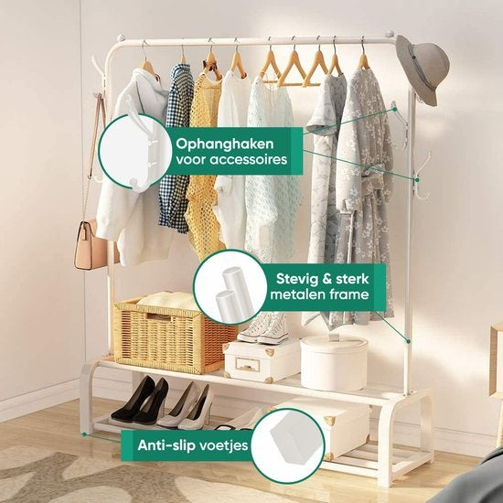 Avalo Industrial Clothes Rack - Metall - 110x33x150 CM - Weiß - Lagerung für Schuhe - Garderobe Rack mit Haken