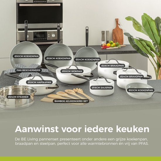 BE Living Essential Kasserolle mit Deckel - Ø 28 cm - Kochtopf - Keramik - PFAS-frei - Induktion - Weiß