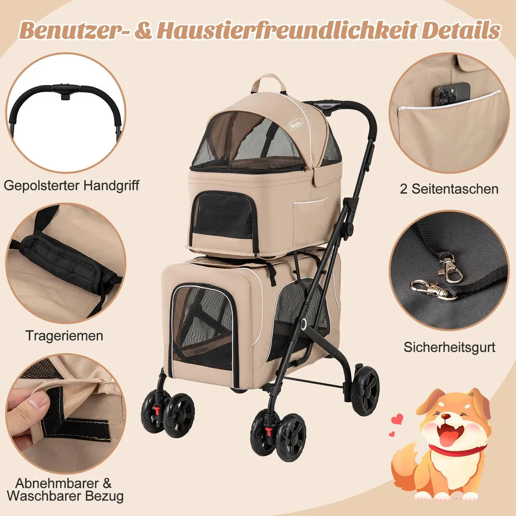 Coast 3-in-1-Hundebuggy – Beige – Zusammenklappbar – 53 x 84 x 105 cm
