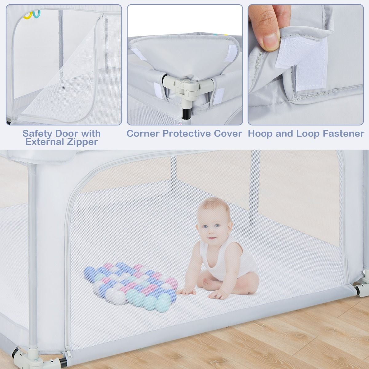 Coast Faltbare Babybox 124x124x70 cm Grau mit 50 Ozeanbällen und 4 Griffen - Oxford-Gewebe, atmungsaktives Mesh
