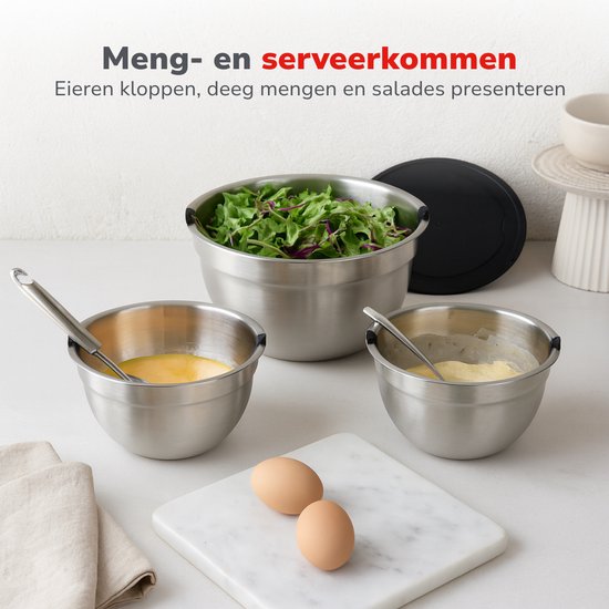 Alpina Edelstahl-Schüsseln, 3-teilig mit Deckel – Salatschüssel – Rührschüssel mit Deckel – Schüsseln zum Mischen und Aufbewahren – Snackschale