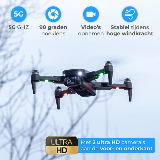 Nuvance - Drohne mit Kamera und GPS - 1080p Mini-Kamera - für draußen und drinnen - inkl. Tasche und 2 Akkus - Schwarz