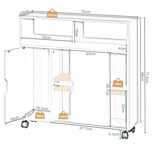 Eugad Badezimmerschrank mit Rädern Multifunktional - Weiß MDF - 70 x 20 x 71,5 cm