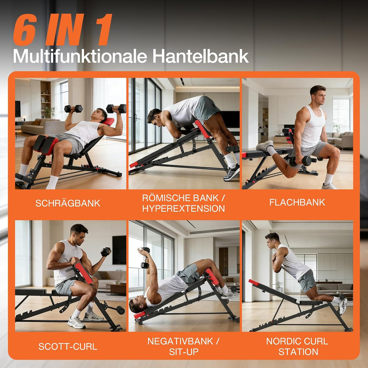 DH FitLife 6-in-1-Hantelbank – Verstellbare Rückenlehne – Hyperextension & Nordic Curl – Bis zu 350 kg – 163 x 50 x 130 cm – Schwarz