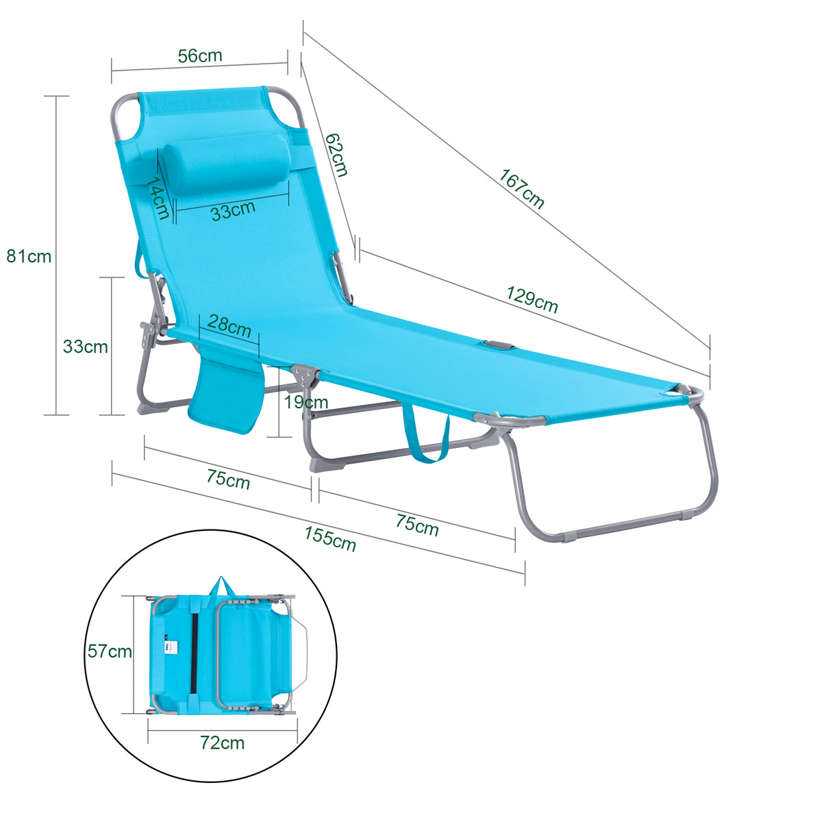 SoBuy Liege Blau - Faltbare verstellbare Gartenliege mit Kopfstütze und Aufbewahrungstasche - 57 x 72 x 14 cm Zusammengeklappt