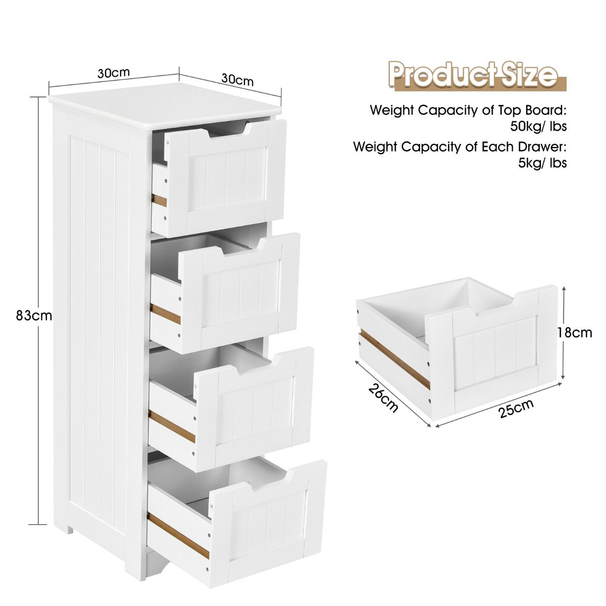 Coast Floor Storage Cabinet Badezimmerschrank mit 4 Schubladen 30 x 30 x 83,5 cm Weiß - Freistehender Nachttisch und Beistelltisch für Wohnzimmer, Schlafzimmer, Küche und Büro