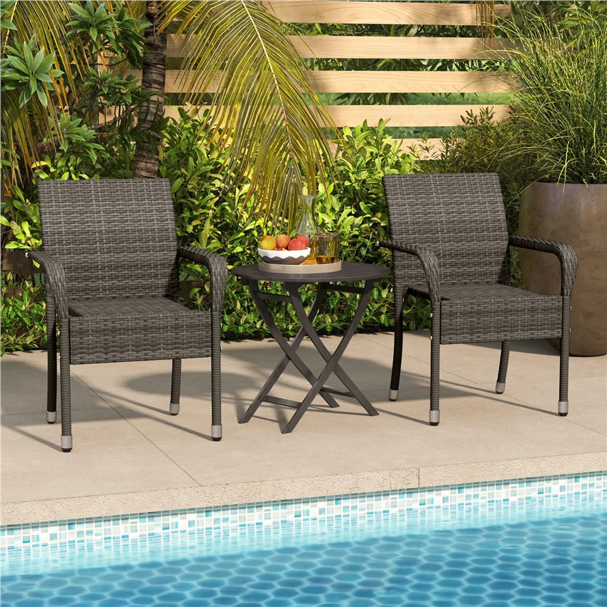 Yaheetech 2er-Set stapelbare Gartenstühle aus PE-Rattan, 58 x 58 x 84 cm – stilvolles Grau – Rattan und Metall