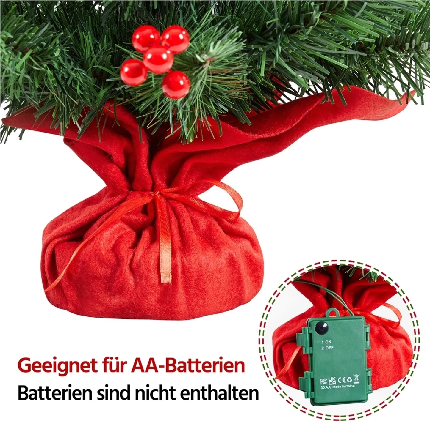 Yaheetech Tisch-Weihnachtsbaum mit Lichtern - 38 x 38 x 60 cm - Mit 35 LED-Lichtern und 40 roten Beeren und Betonsockel mit rotem Tuch - Für Sideboard und Büro - Grünes PVC und Beton