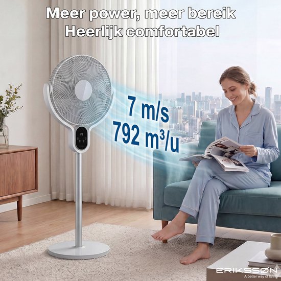 Erikssøn Standventilator – Leise und leistungsstark, 45 W – 8 Geschwindigkeitsstufen – Verstellbar – Standventilator – Grau