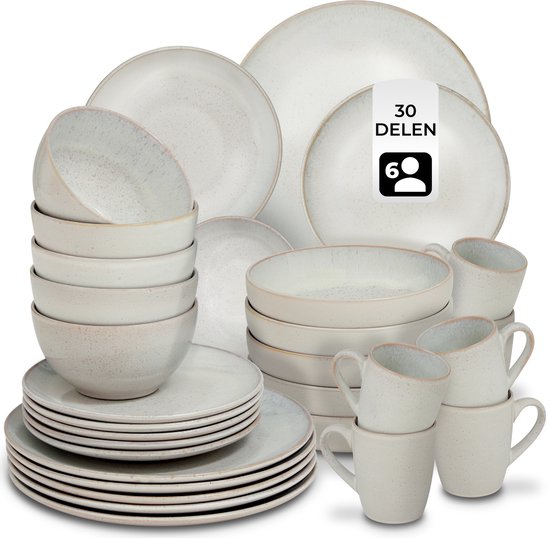 tectake® Geschirrset Mare – 30-teilig – Steingut mit glänzender Glasur - Für 6 Personen - Handgefertigtes Geschirr - Modernes Tellerset mit großen und kleinen Tellern, Schüsseln, Schälchen und Tassen - Spülmaschinen- und mikrowellengeeignet - Sandfarben
