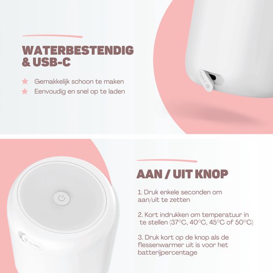 Vulpes Goods® BabyCare - Flaschenwärmer Pro - Tragbarer Babyflaschenwärmer für die Reise - Intelligenter Flaschenwärmer - 4 Temperaturstufen - Kabellos - Inklusive 6 Adapter - USB Wiederaufladbar - 13.200 mAh - Weiß