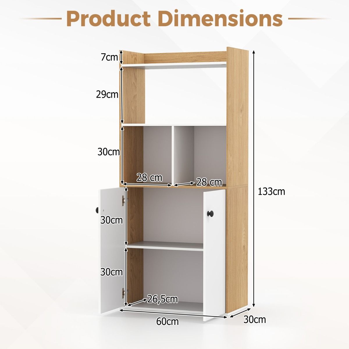 Coast Bücherregal mit Doppeltürschrank - Weiß & Natur - 3 Etagen hoher Regalboden - Freistehende Aufbewahrungsmöbel - 60 x 30 x 133 cm