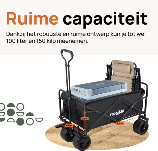 Novitaa Bolderkar faltbar - Starker Rahmen - Dickere Räder mit Bremse - 150KG Tragfähigkeit - 100L Kapazität - Waschbares Polyester - Schwarz