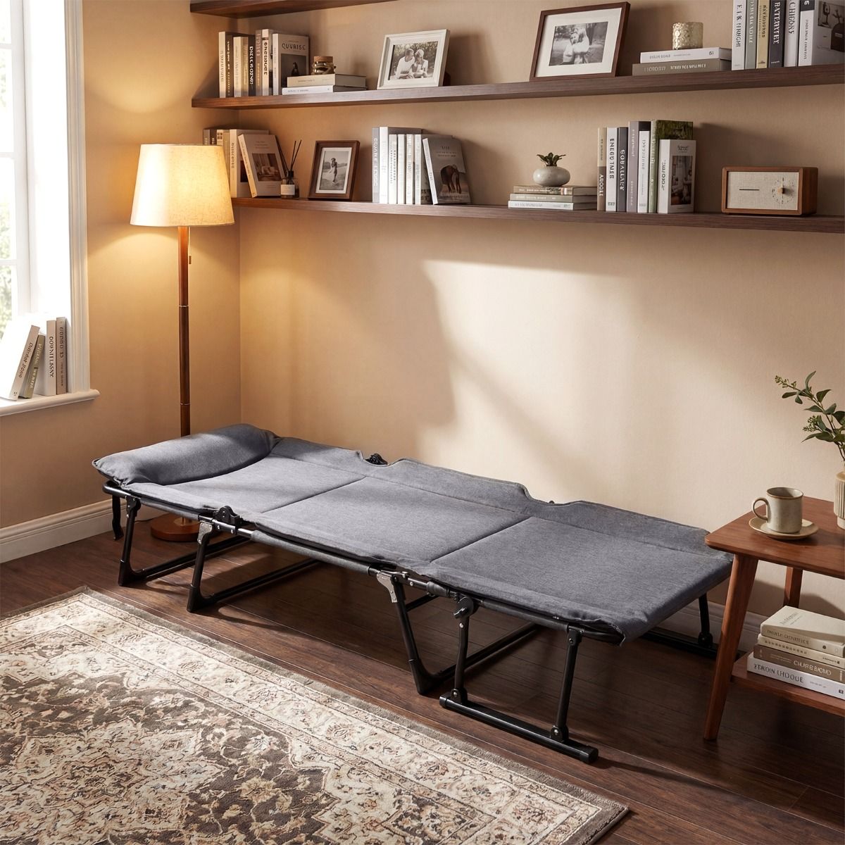 Coast Faltbares Campingbett 3-in-1 – verstellbare Rückenlehne – Kopfstütze – grau und schwarz