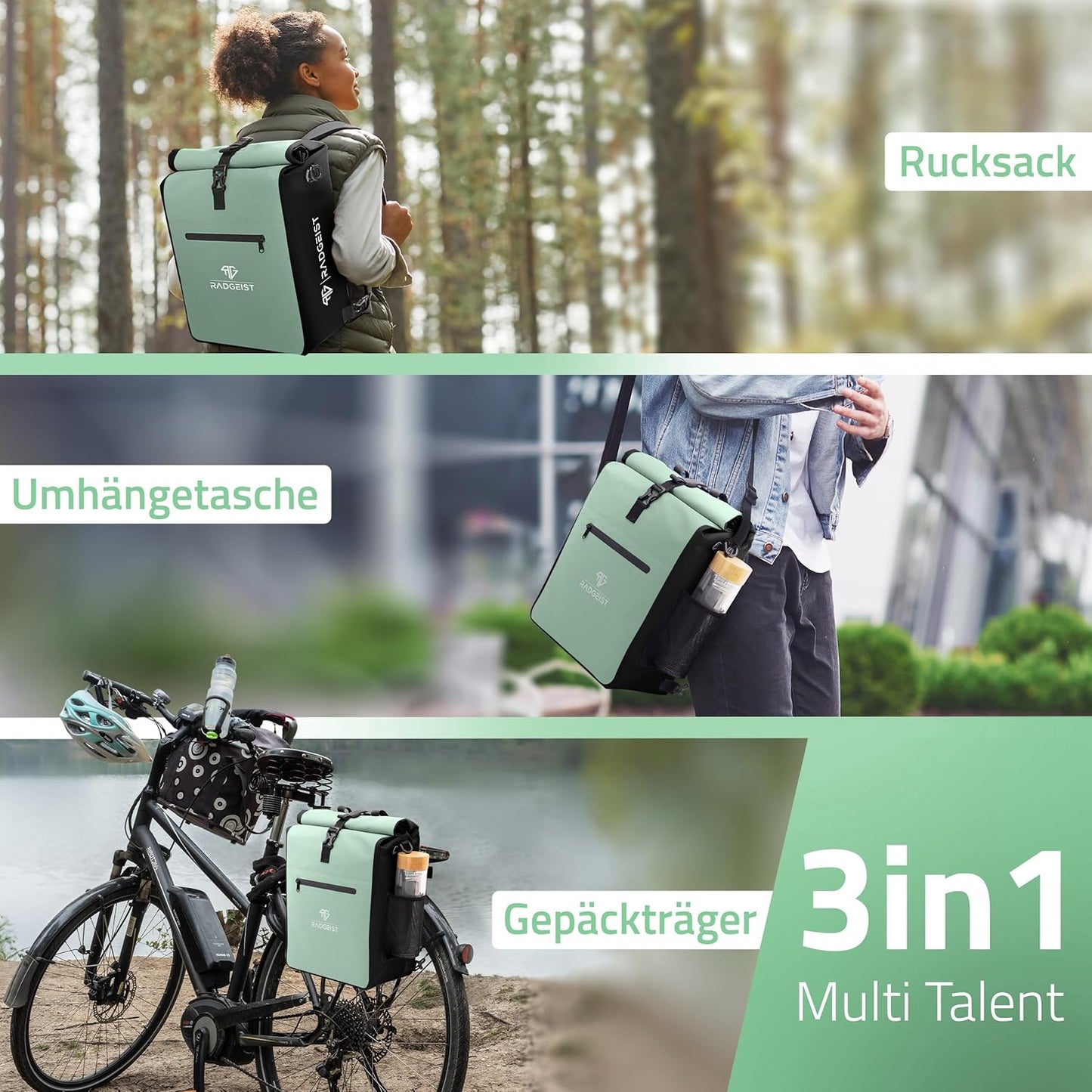 RADGEIST 3in1 Fahrradtasche - Fahrradrucksack - Tragetasche - Umhängetasche - mit Laptopfach - wasserdicht - 25L - Mint