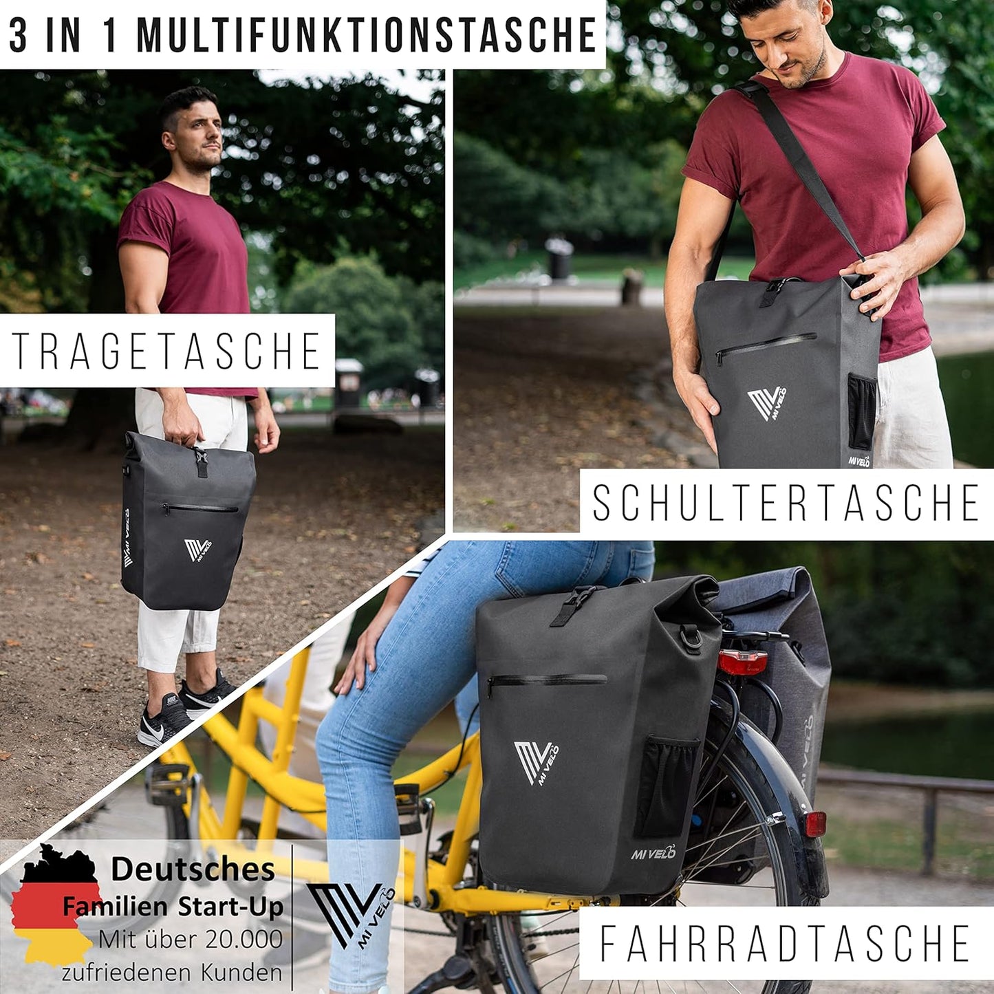 MIVELO Packtasche - Wasserdicht - 25L - Mit Laptopfach und Schultergurt - Schwarz