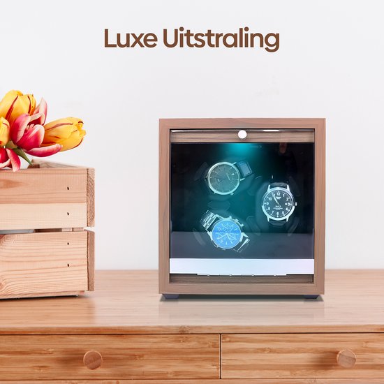 Olvy Time - Watchwinder Wood - 3 Uhren - Uhrenbeweger - Mit LED-Beleuchtung - Uhrenbeweger